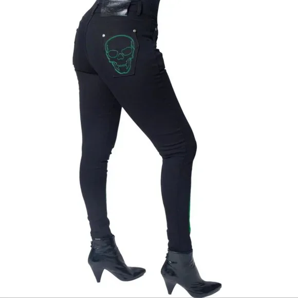 Women's Black Skinny Stretch Jeans Skeleton Bones Skull Coffin Pockets 26-40 NWT - Picture 4 of 5